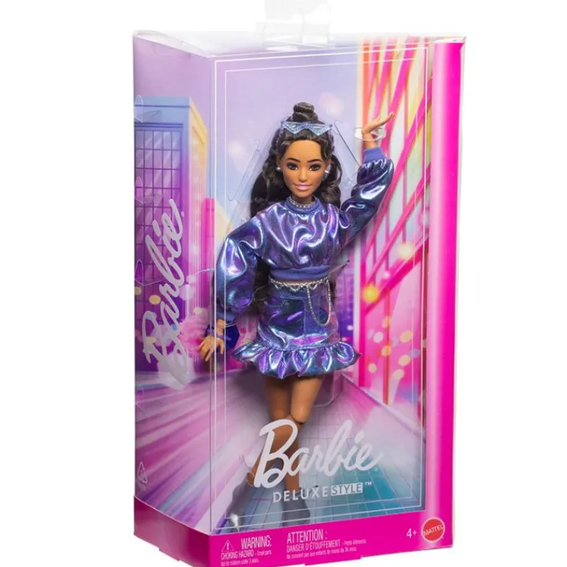 MATTEL Barbie Deluxe Style nº 7 Muñeca Morena Conjunto Azul Metalizado- Barbie Colección|Muñecas