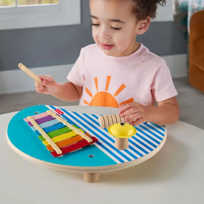 FISHER PRICE Juegos De Madera|Instrumentos Musicales|Mesa de Madera con 3 Instrumentos de Percusión