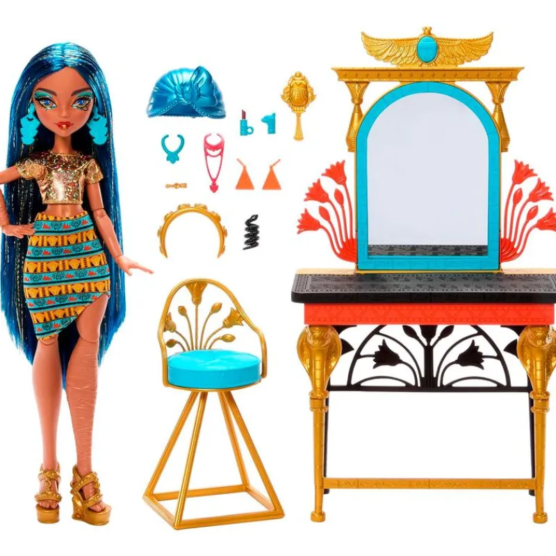 MATTEL Monster High Muñeca Cleo De Nile con Tocador y Accesorios- Monster High Colección|Halloween