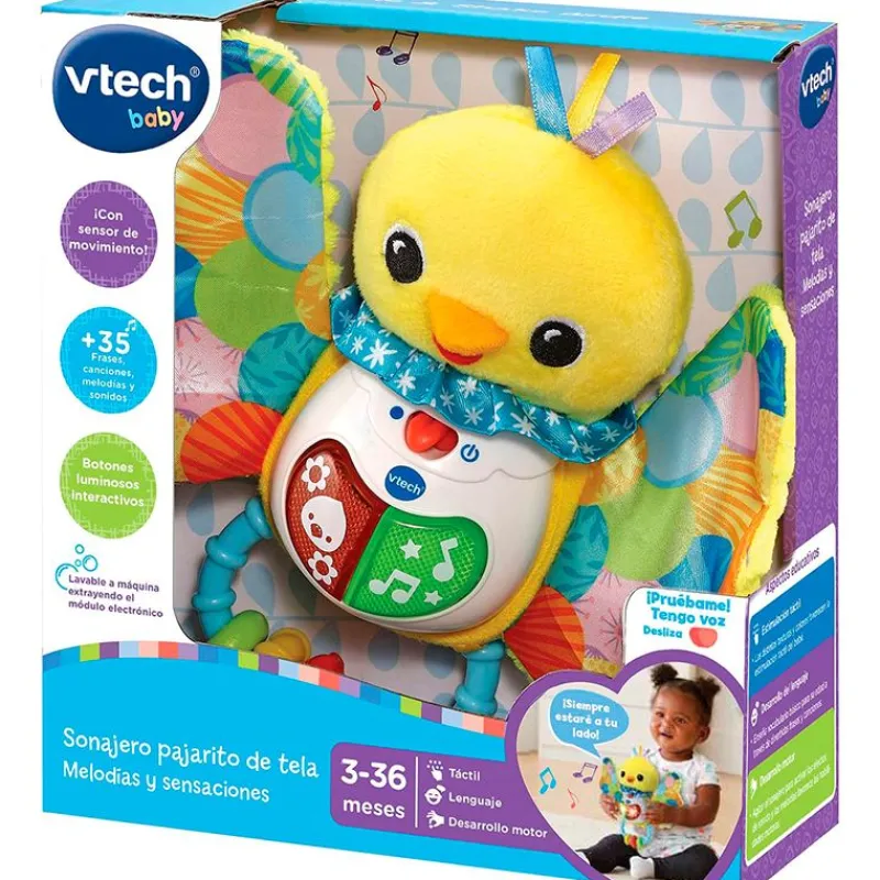 VTECH Primera Infancia Y Preescolar|Sonajero Pajarito de Tela Melodías y Sensaciones
